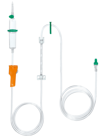 Two hands wearing white gloves holding NRFit Connectors with a hospital setting in the background.