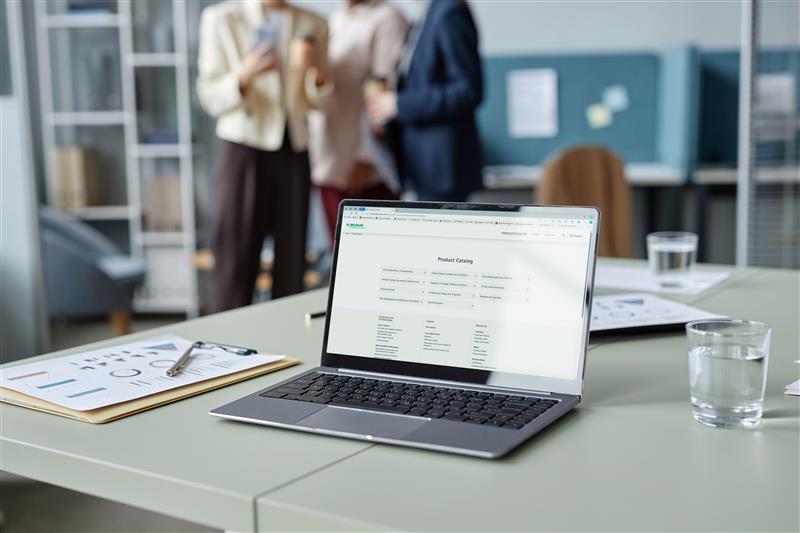Laptop placed on a desk displaying the B. Braun Product catalog. 